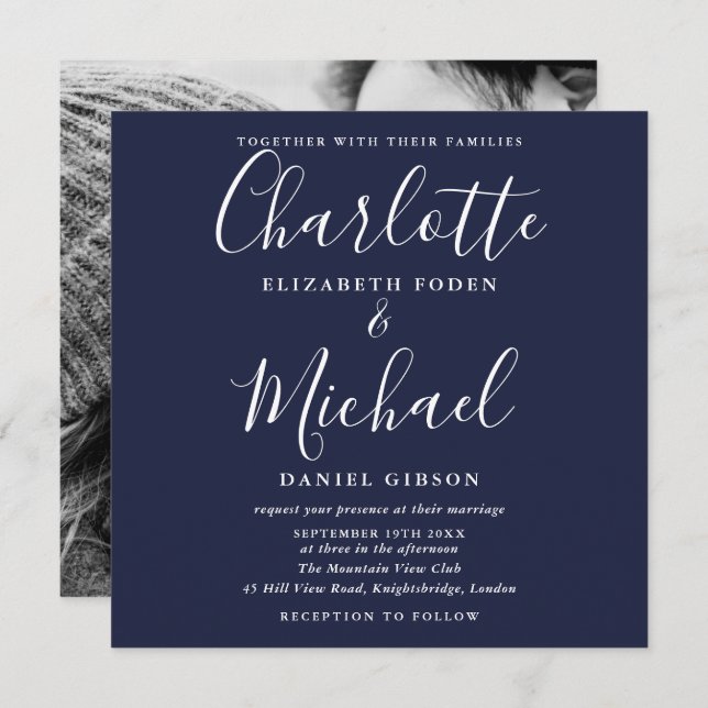 Elegant Navy Blue Signature Wedding Photo  Invitation (Front/Back)