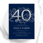 Elegant Navy Blue Silver 40th Birthday Invitation<br><div class="desc">Elegant navy blue silver 40th birthday party invitation. Customisable modern feminine design featuring roses botanical accents and faux glitter silver. Simple floral invite card perfect for a stylish female bday celebration. Personalise with your own details. Printed Zazzle invitations or instant download digital printable template.</div>