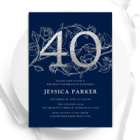 Elegant Navy Blue Silver 40th Birthday