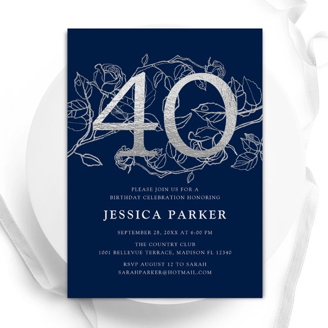 Elegant Navy Blue Silver 40th Birthday Invitation (Creator Uploaded)