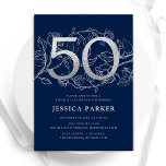 Elegant Navy Blue Silver 50th Birthday Invitation<br><div class="desc">Elegant navy blue silver 50th birthday party invitation. Customisable modern feminine design featuring roses botanical accents and faux glitter silver. Simple floral invite card perfect for a stylish female bday celebration. Personalise with your own details. Printed Zazzle invitations or instant download digital printable template.</div>