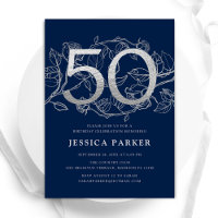 Elegant Navy Blue Silver 50th Birthday