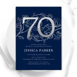 Elegant Navy Blue Silver 70th Birthday Invitation<br><div class="desc">Elegant navy blue silver 70th birthday party invitation. Customisable modern feminine design featuring roses botanical accents and faux glitter silver. Simple floral invite card perfect for a stylish female bday celebration. Personalise with your own details. Printed Zazzle invitations or instant download digital printable template.</div>