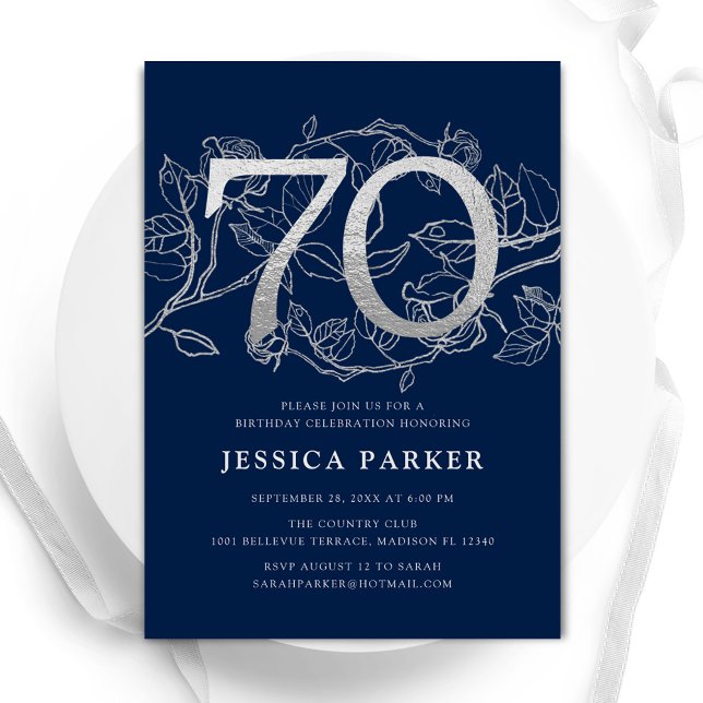 Elegant Navy Blue Silver 70th Birthday Invitation (Creator Uploaded)