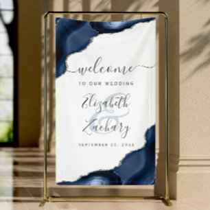 Elegant Navy Blue Silver Agate Wedding Welcome Banner