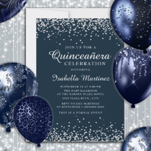 Elegant Navy Blue Silver Confetti Quinceañera Invitation
