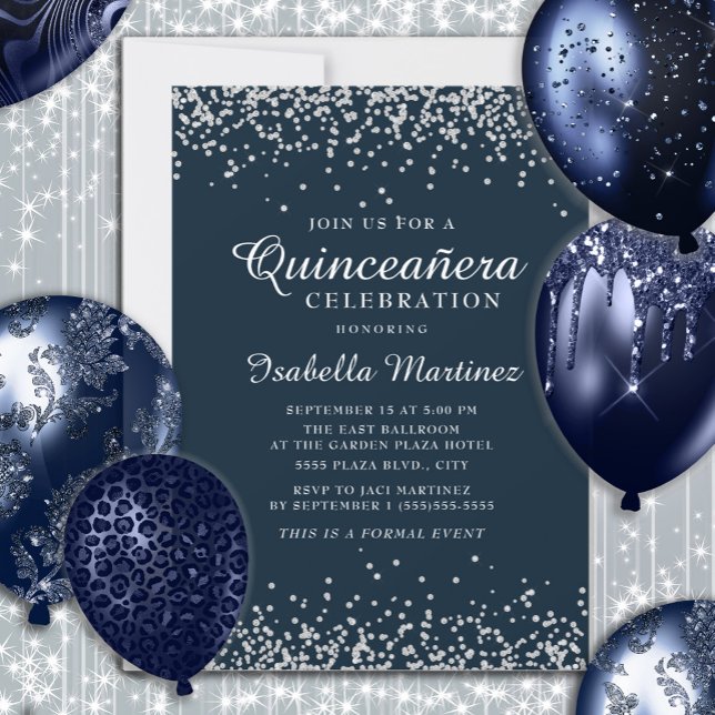 Elegant Navy Blue Silver Confetti Quinceañera Invitation (Navy blue and silver glitter Quinceañera birthday party invitation)