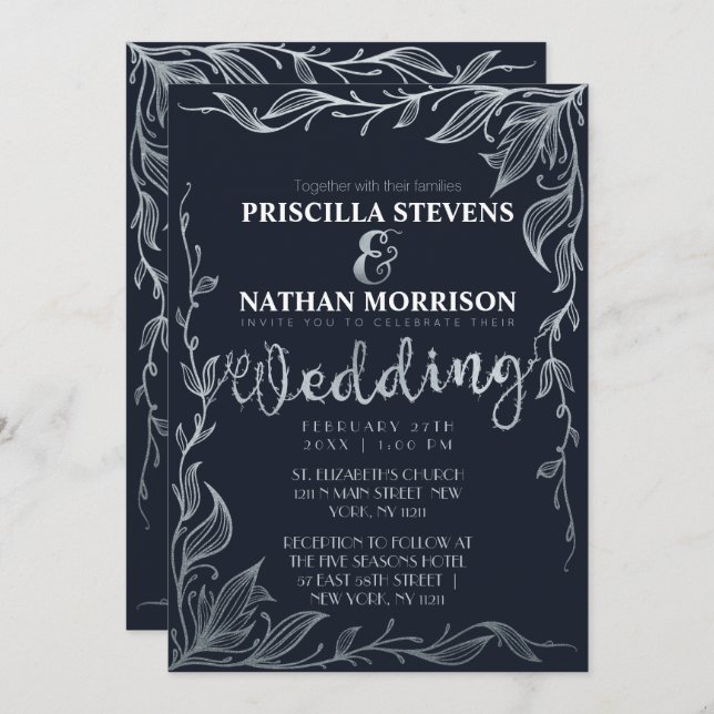 Elegant Navy Blue Silver Drawn Floral Vine Wedding Invitation (Front/Back)