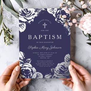 Elegant Navy Blue Silver Floral Boy Baptism