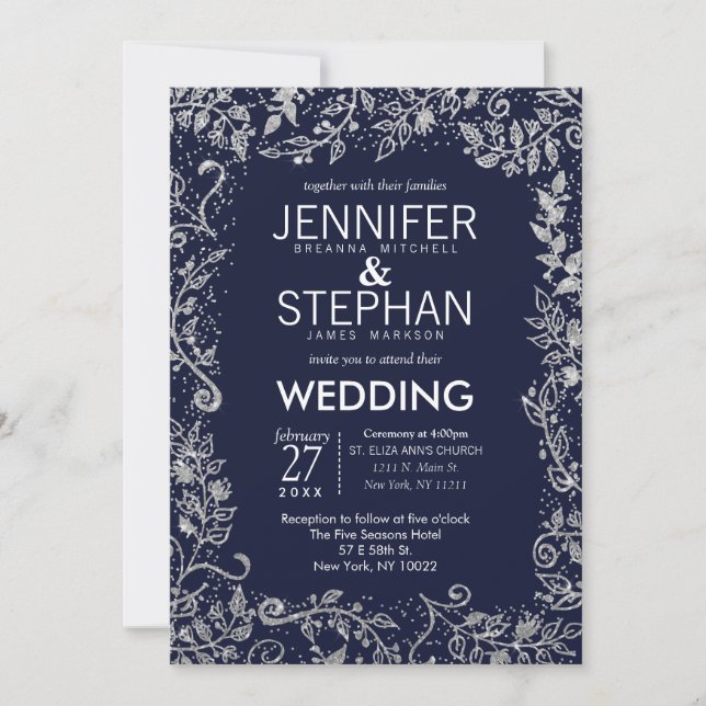 Elegant Navy Blue Silver Floral Glitter Wedding Invitation (Front)