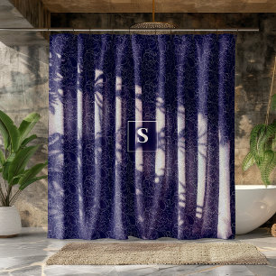 Elegant Navy Blue Silver Floral Monogram Shower Curtain
