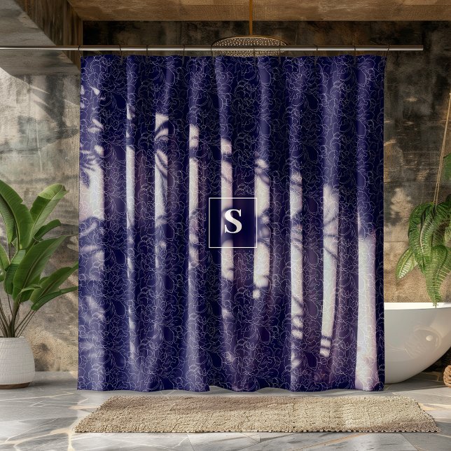 Elegant Navy Blue Silver Floral Monogram Shower Curtain (Creator Uploaded)