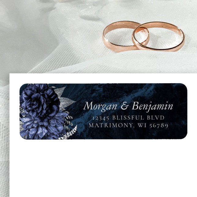 Elegant Navy Blue Silver Floral Return Address (Creator Uploaded)
