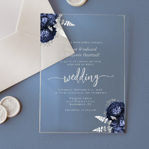 Elegant Navy Blue Silver Floral Wedding Acrylic Invitations