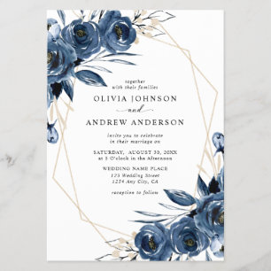 Elegant Navy Blue Silver Geometric Floral Wedding Flyer