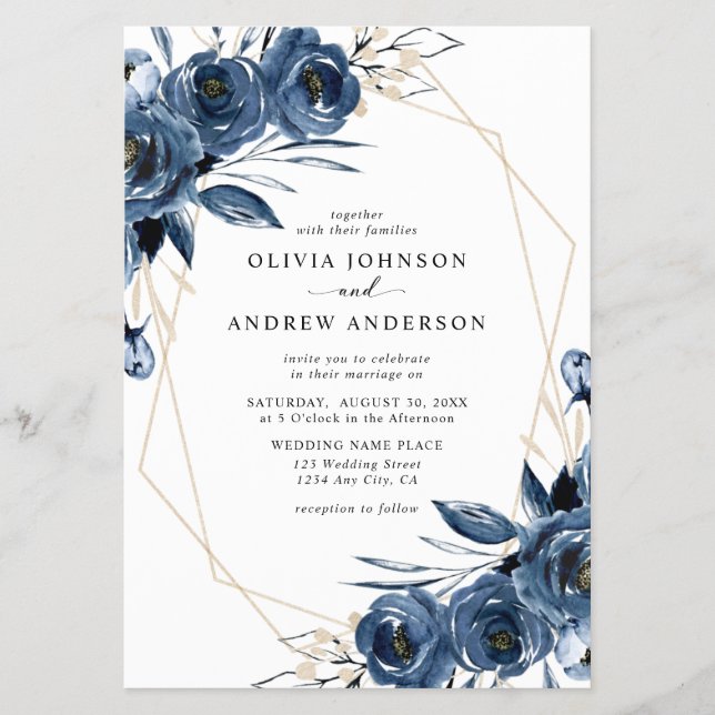 Elegant Navy Blue Silver Geometric Floral Wedding  Flyer (Front)