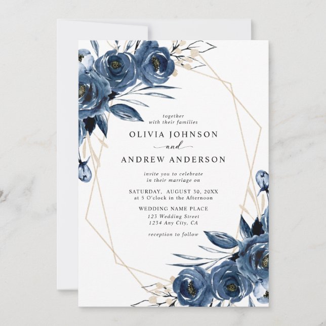 Elegant Navy Blue Silver Geometric Floral Wedding Invitation (Front)