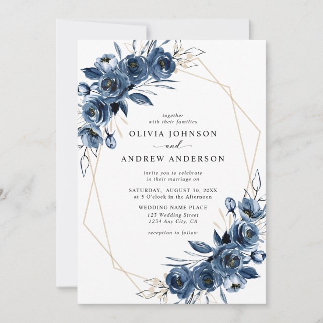 Elegant Navy Blue Silver Geometric Floral Wedding Invitation (Front)