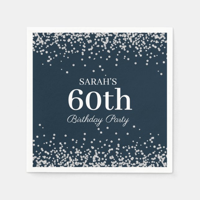 Elegant Navy Blue Silver Glitter 60th Birthday Napkin (Front)