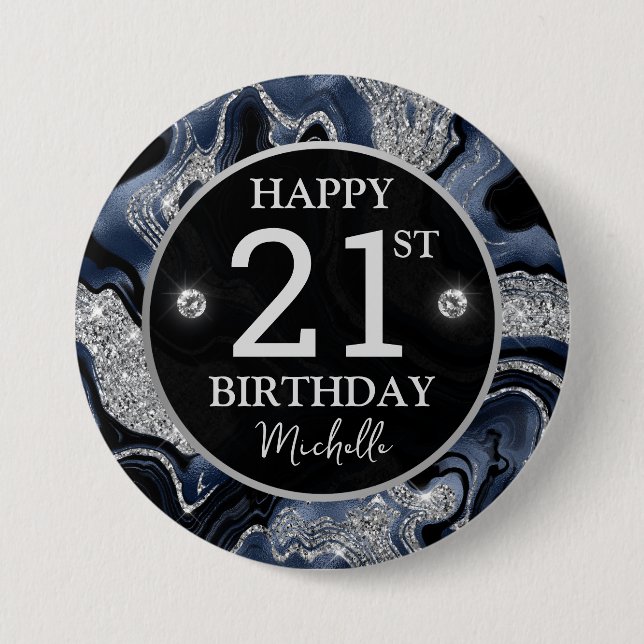 Elegant Navy Blue & Silver Glitter Agate Birthday 7.5 Cm Round Badge (Front)