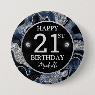 Elegant Navy Blue & Silver Glitter Agate Birthday 7.5 Cm Round Badge
