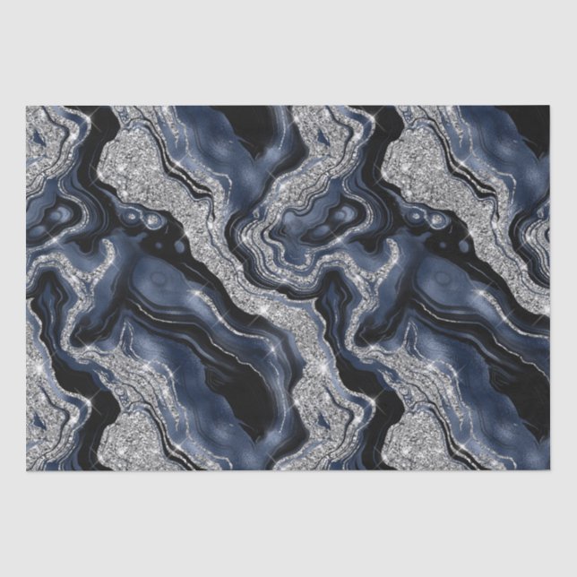 Elegant Navy Blue & Silver Glitter Agate Birthday Tissue Paper (Front)