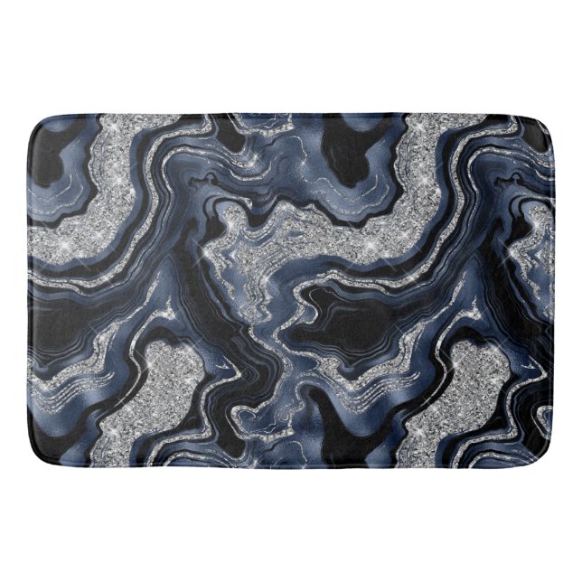 Elegant Navy Blue & Silver Glitter Agate Pattern Bath Mat (Front)