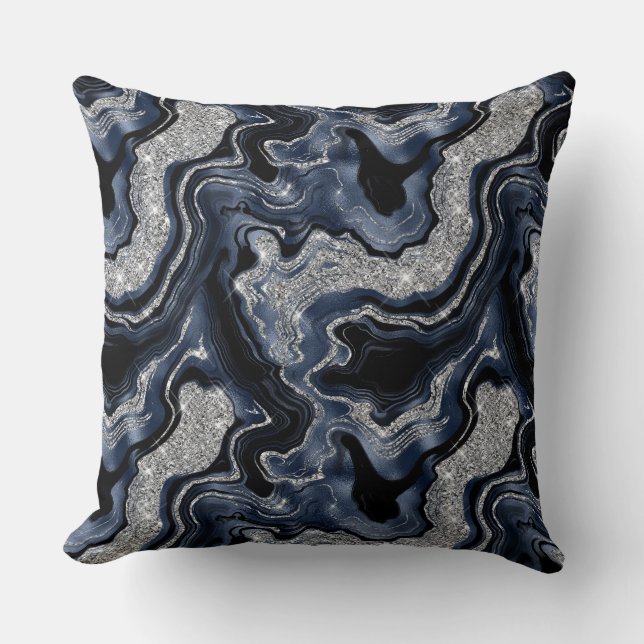 Elegant Navy Blue & Silver Glitter Agate Pattern Cushion (Front)