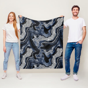 Elegant Navy Blue & Silver Glitter Agate Pattern Fleece Blanket