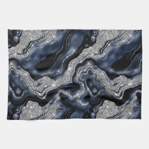 Elegant Navy Blue & Silver Glitter Agate Pattern Tea Towel