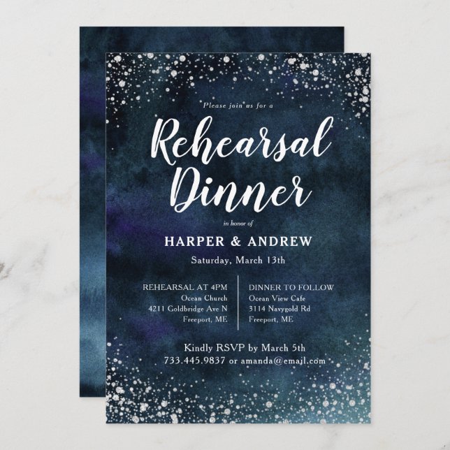 Elegant Navy Blue Silver Glitter Rehearsal Dinner Invitation (Front/Back)