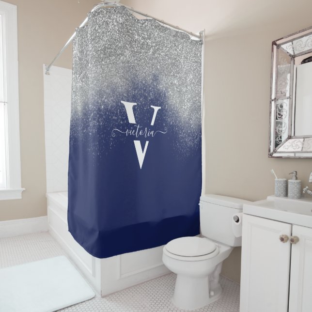 Elegant Navy Blue Silver Glitter Sparkle Monogram Shower Curtain (In Situ)