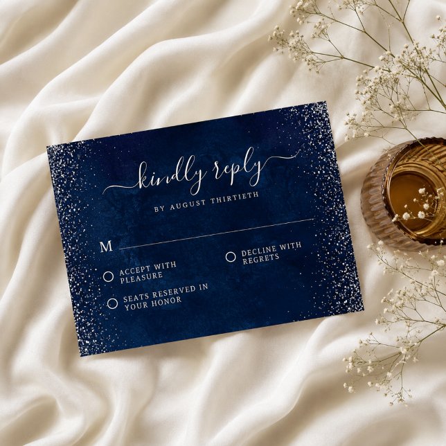 Elegant Navy Blue Silver Glitter Wedding  RSVP Card (Creator Uploaded)
