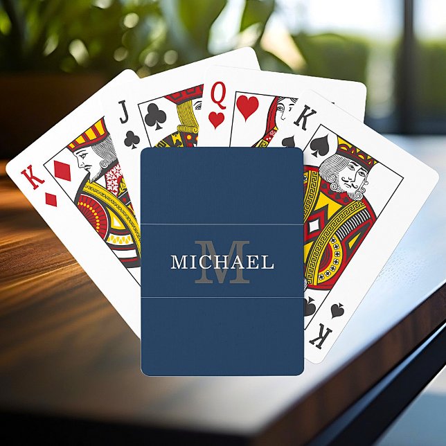 Elegant Navy Blue Silver Monogram Custom Name Playing Cards (Creator Uploaded)