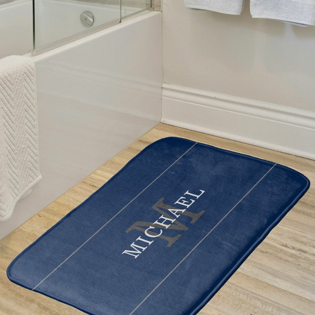 Elegant Navy Blue Silver Monogram Personalised Bath Mat (Creator Uploaded)