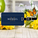 Elegant Navy Blue Silver Monogram Personalised Luggage Tag<br><div class="desc">Customise the text, and easily create your personalised luggage tag. Click EDIT, then click EDIT BACKGROUND to change the background colour. You can TRANSFER this DESIGN on other Zazzle products and adjust it to fit most of the Zazzle items. Standard Studio designs are made in high-resolution graphics for a professional...</div>