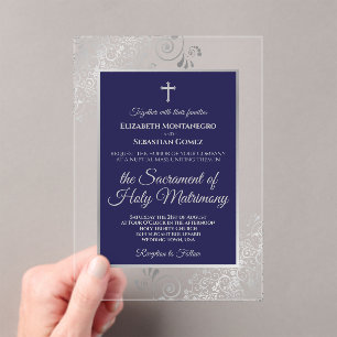 Elegant Navy Blue & Silver Ornate Catholic Wedding Acrylic Invitations