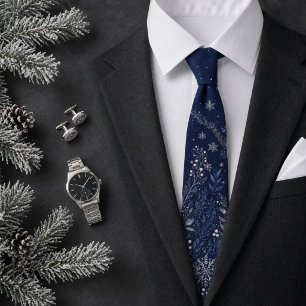 Elegant Navy Blue Silver Snowflake Winter Holiday Tie