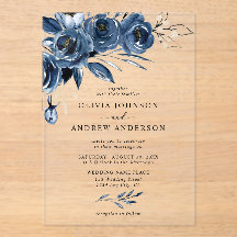 Elegant Navy Blue Silver Watercolor Floral Wedding