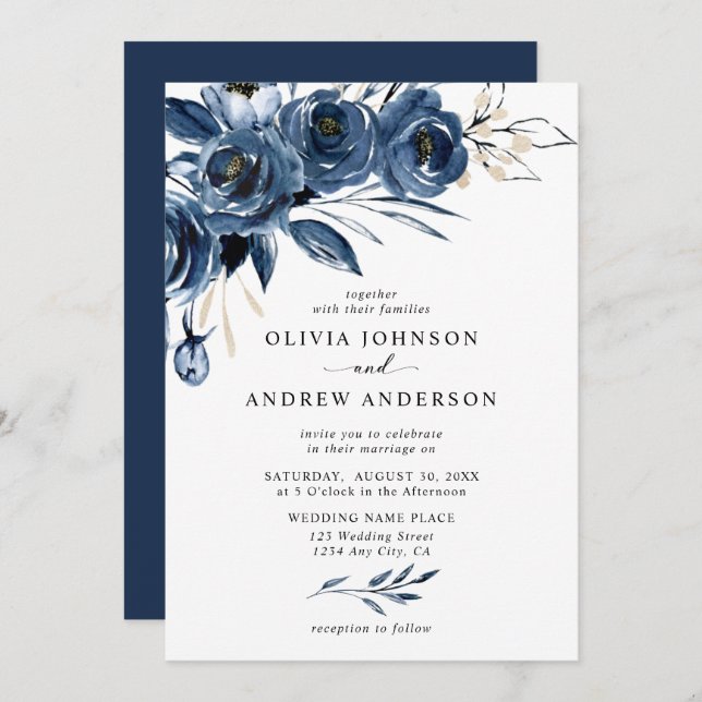 Elegant Navy Blue Silver Watercolor Floral Wedding Invitation (Front/Back)