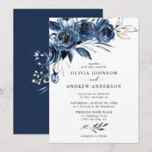 Elegant Navy Blue Silver Watercolor Floral Wedding
