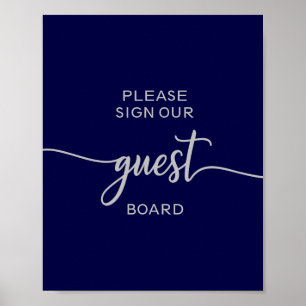 Elegant Navy Blue Silver Wedding Guest Board Sign