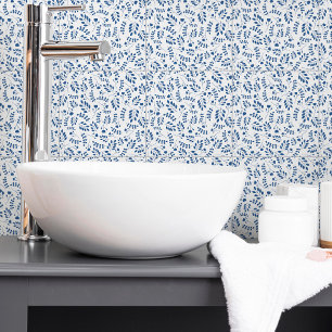 Elegant Navy Blue Simple Botanical Pattern White Tile