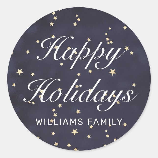 Elegant Navy blue skies and gold stars holiday Classic Round Sticker (Front)