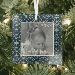 Elegant Navy Blue Snowflake Photo Personalised Glass Tree Decoration