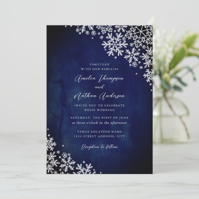 Elegant Navy Blue Snowflake Wedding Invitation (Standing Front)