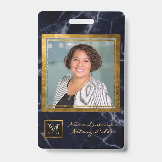 Elegant Navy Blue Square Gold Monogram Notary ID Badge (Front)
