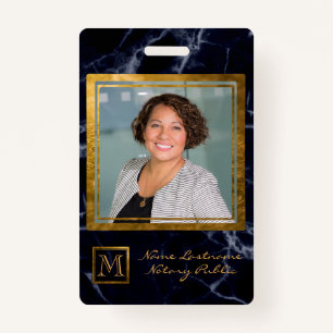 Elegant Navy Blue Square Gold Monogram Notary ID Badge