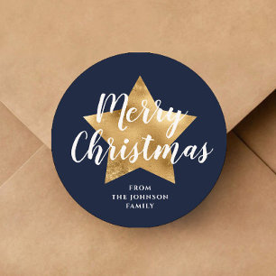 Elegant Navy Blue Star Merry Christmas  Classic Round Sticker
