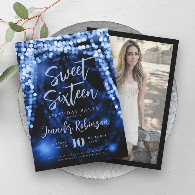 Elegant Navy Blue String Lights Photo Sweet 16   Invitation (Elegant Navy Blue String Lights Photo Sweet 16 Invitation)